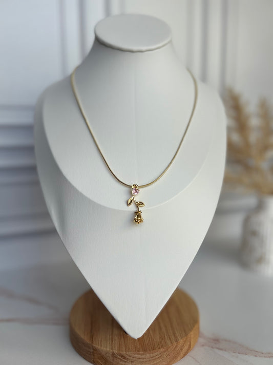 Rose Necklace w/ Pink Heart